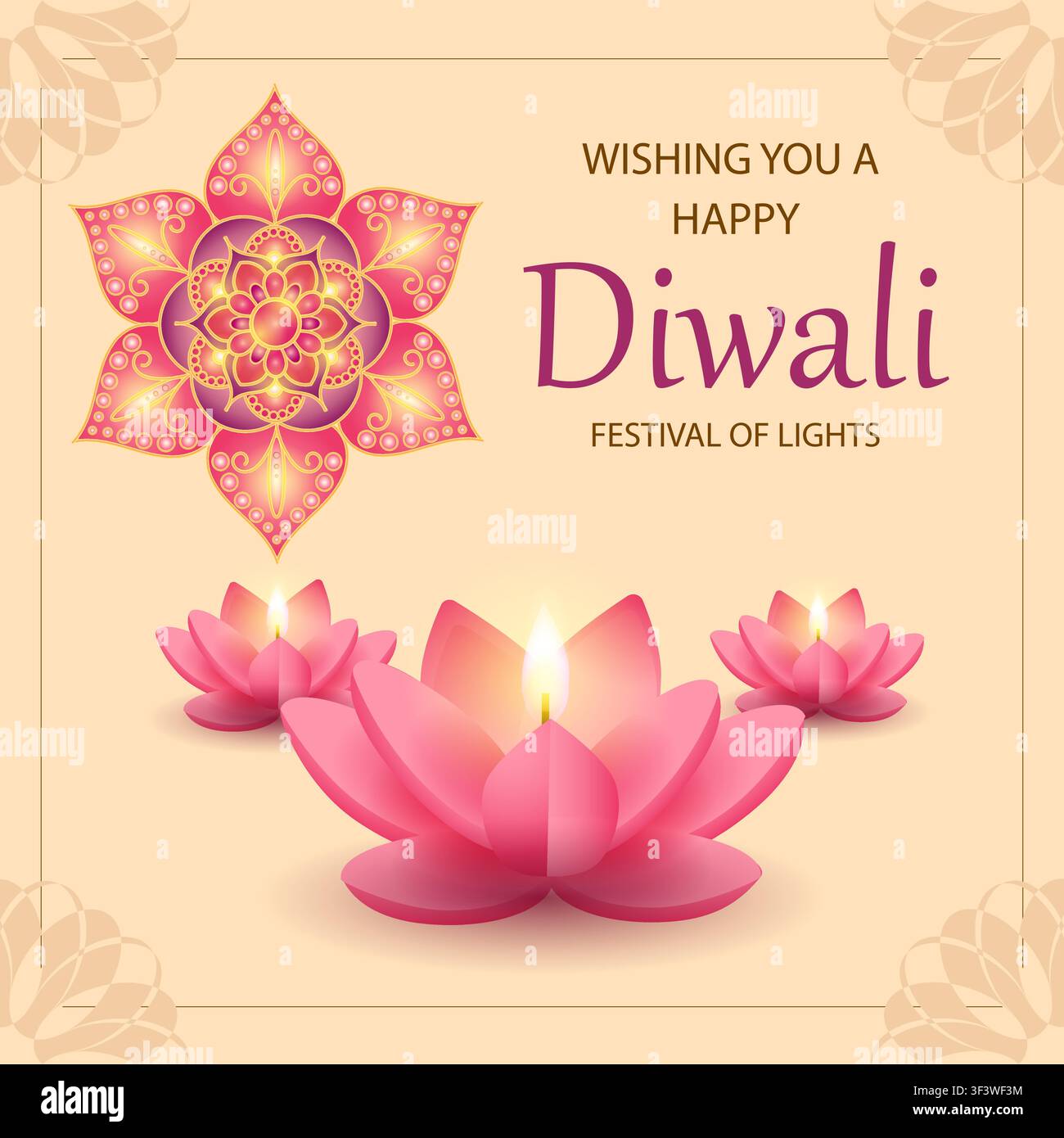 Célébration de Diwali : Un festival de lumières vibrant avec des fleurs de lotus colorées et des bougies Illustration de Vecteur