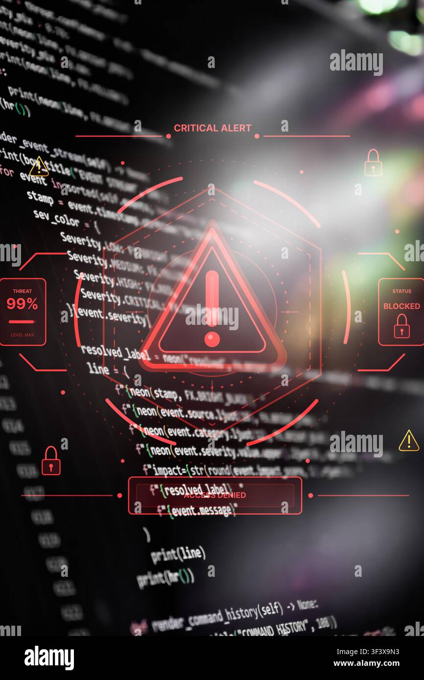 Une image conceptuelle dramatique et high-tech représentant la cybersécurité, les menaces système et la défense numérique. Banque D'Images