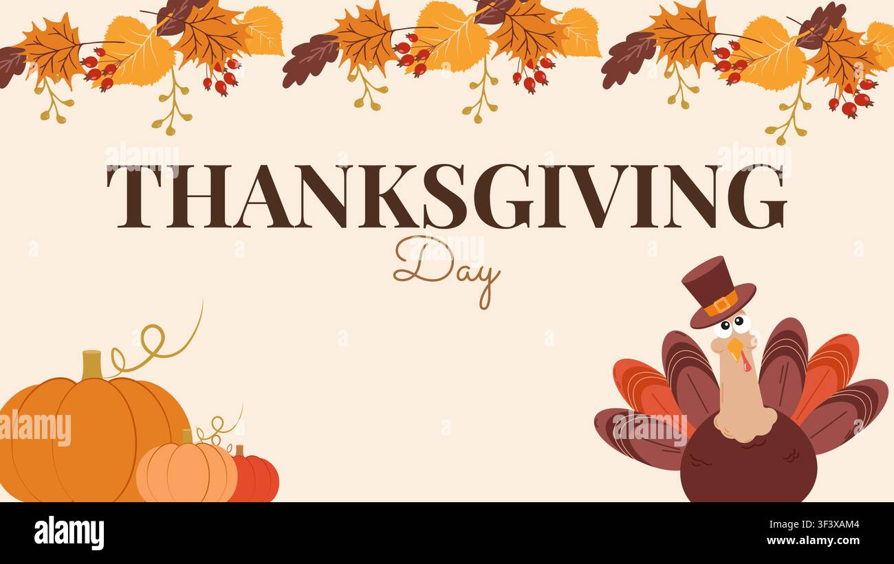 Modèle d'invitation pour Thanksgiving avec des feuilles d'automne et une couronne de dinde mignonne. Pour carte de vœux, invitation de fête, impression et conception web, illustration vectorielle. Illustration de Vecteur
