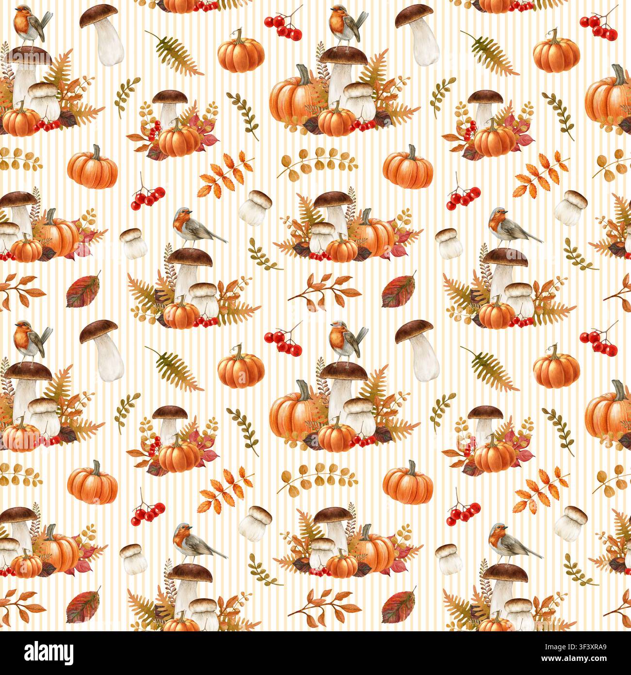 Motif sans couture lumineux d'automne avec champignons des bois, citrouilles, baies et feuilles sur fond rayé. Motif aquarellé peint à la main, ambiance automnale chaleureuse Banque D'Images