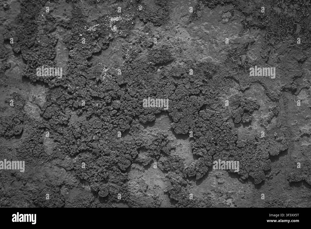 Fond texturé grunge abstrait noir et blanc, surface monochrome rugueuse avec des détails sombres érodés et écaillés. Banque D'Images