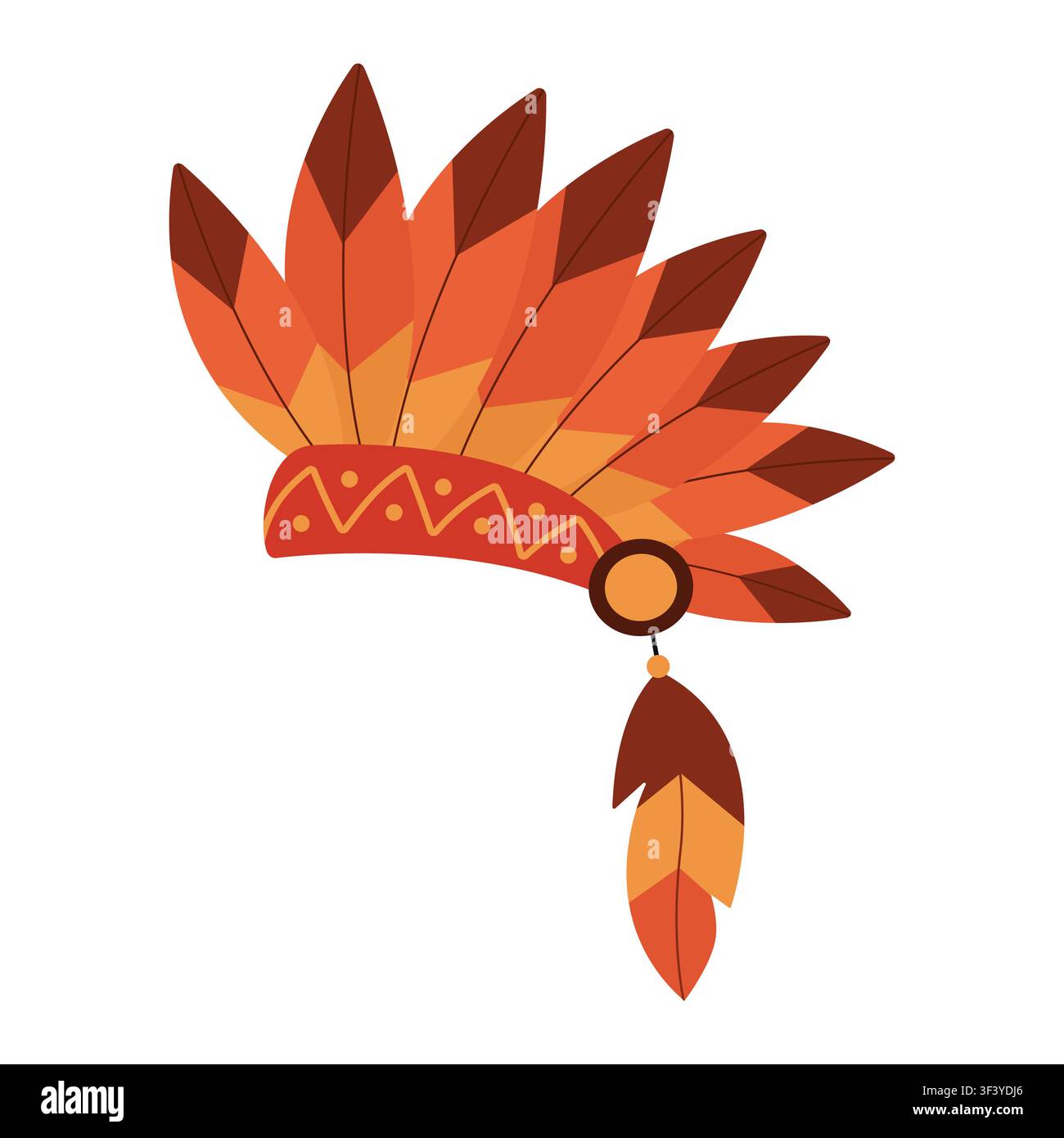 Coiffe à plumes amérindienne, vue de côté, illustration vectorielle. Warbonnet traditionnel du chef tribal isolé sur fond blanc. Élément ethnique de couronne de plumes indigène pour le design de Thanksgiving. Illustration de Vecteur
