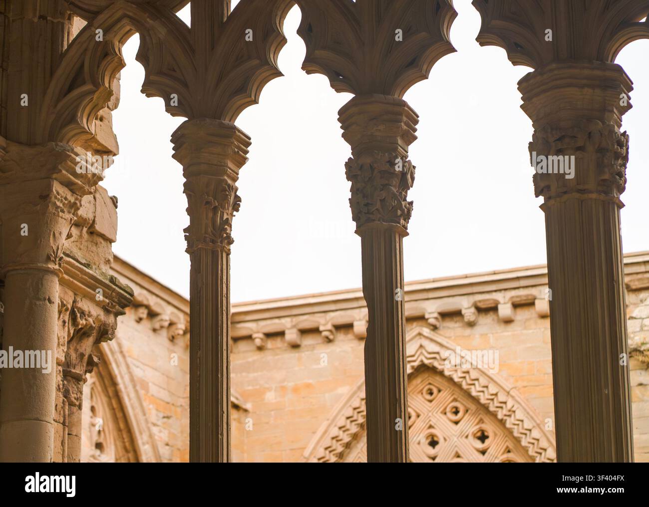 Fond avec des colonnes antiques texturées dans un ancien bâtiment d'église, héritage historique d'architecture médiévale avec des reliefs, des sculptures sur pierre, monumental Banque D'Images