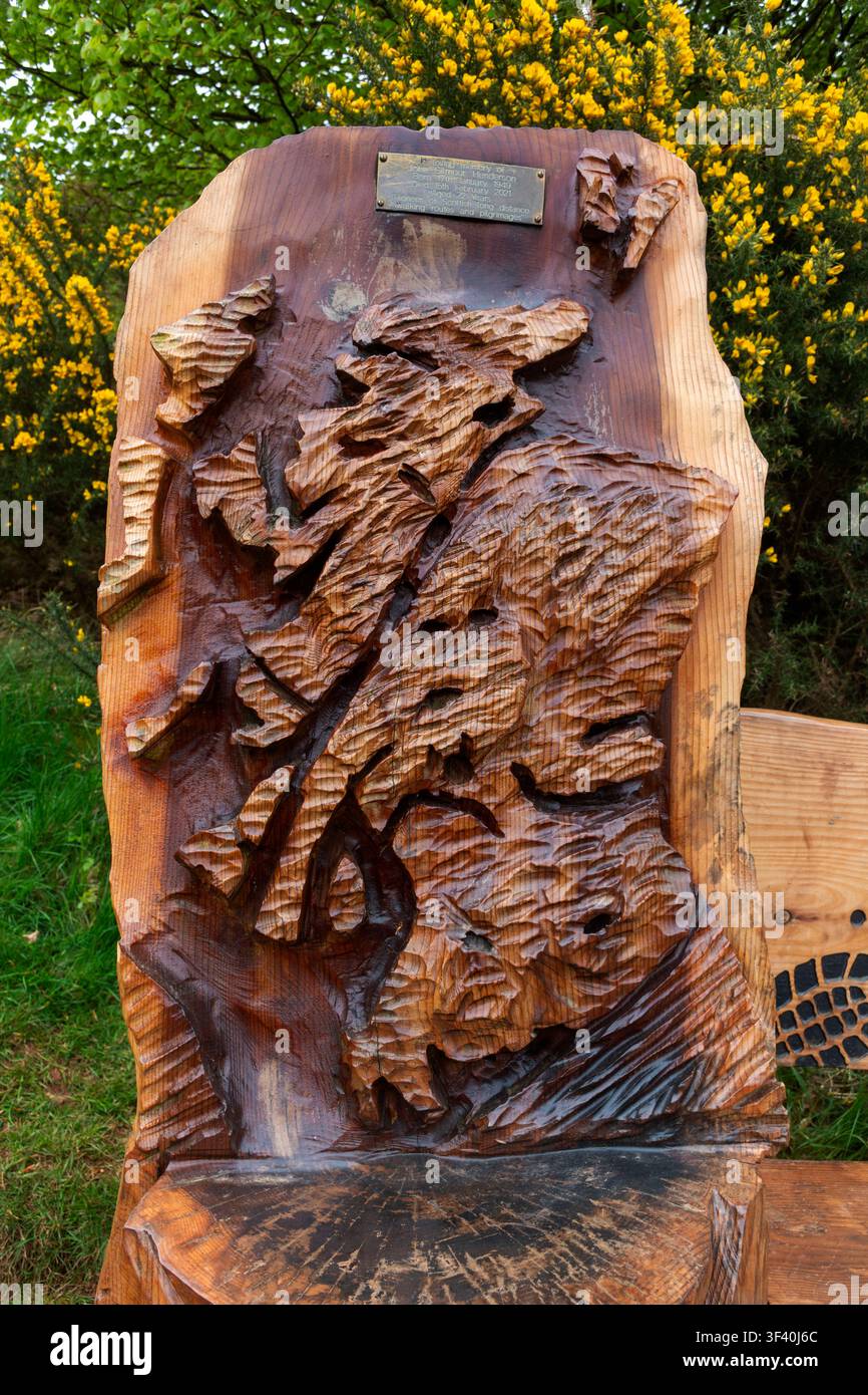Sculpture en bois d'une carte de l'Écosse sur un banc sur le sentier de St. Cuthbert's Way, près de Melrose, dans les Borders écossais. Écosse, Royaume-Uni Banque D'Images