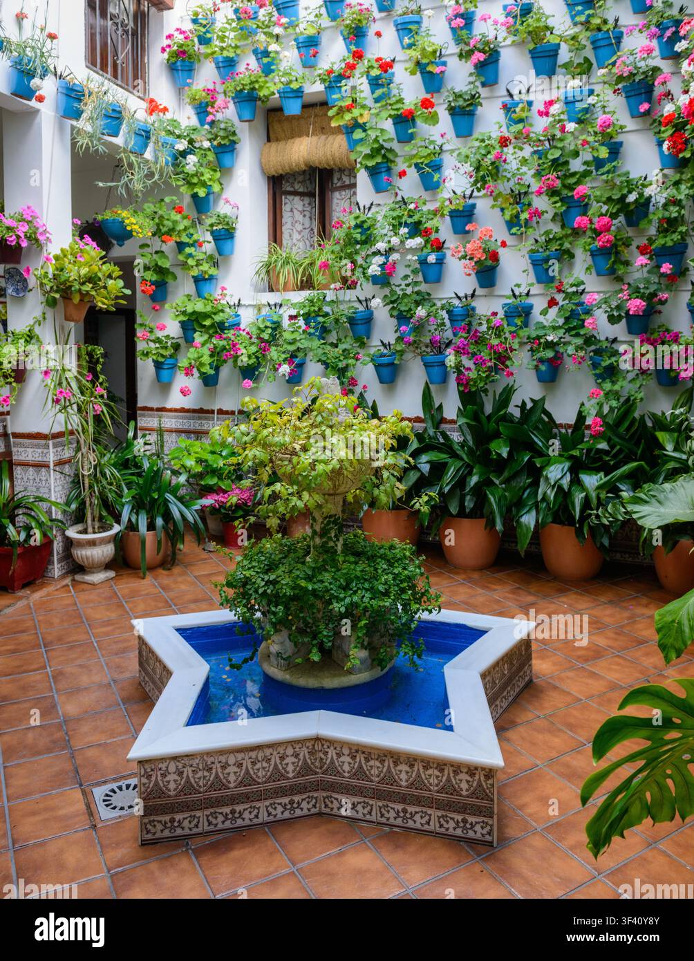 Un patio andalou traditionnel rempli de pots de fleurs suspendus et d'une fontaine en forme d'étoile pendant le festival des Patios de Cordoue à Cordoue, en Espagne. Banque D'Images