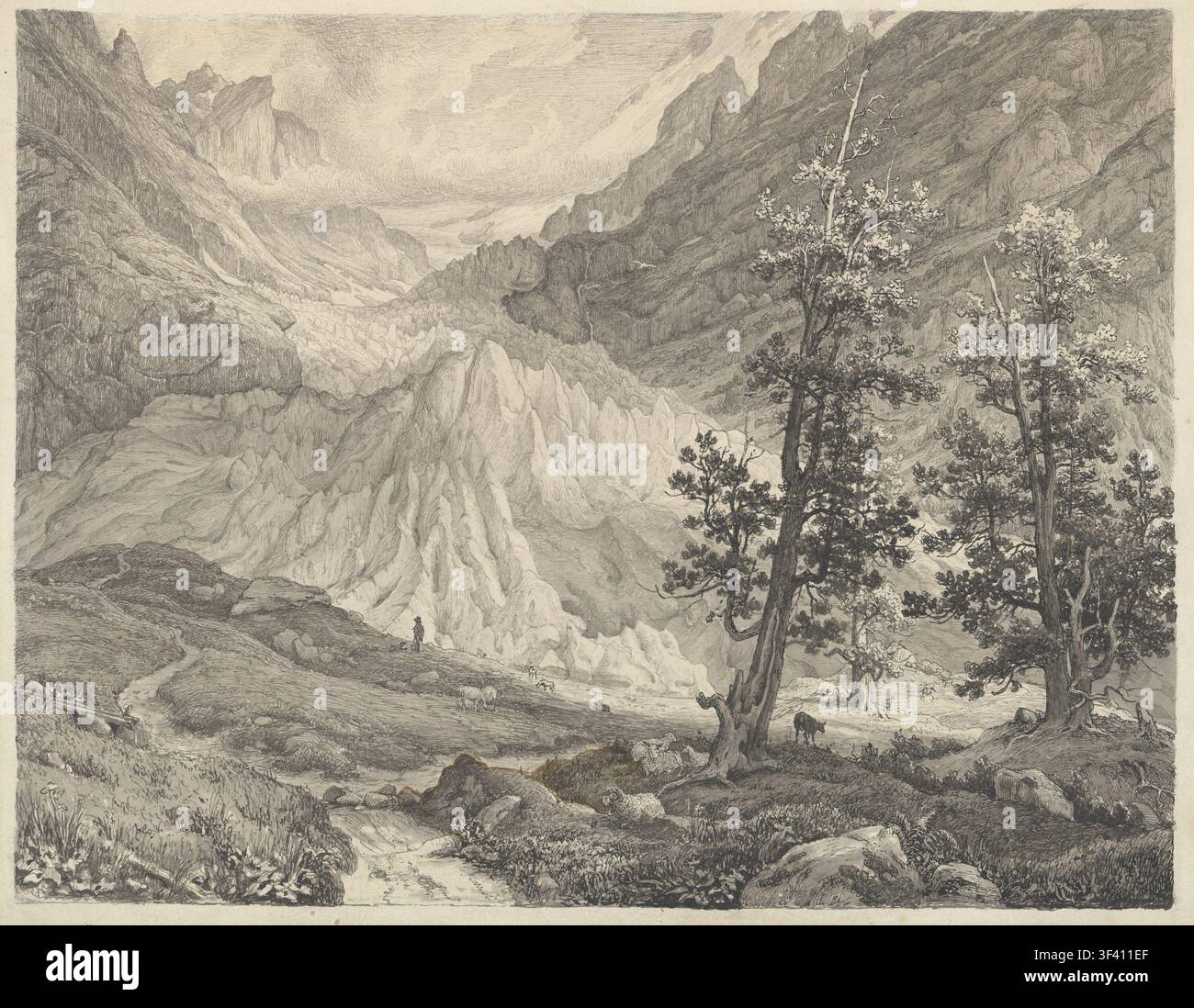 Le glacier de Grindelwald, Suisse, un dessin de Thomas Fearnley, un artiste norvégien, créé au XIXe siècle, à l’aide d’un stylo et d’encres noire et grise avec un lavis gris et des touches de stylo et d’encre brune. Banque D'Images