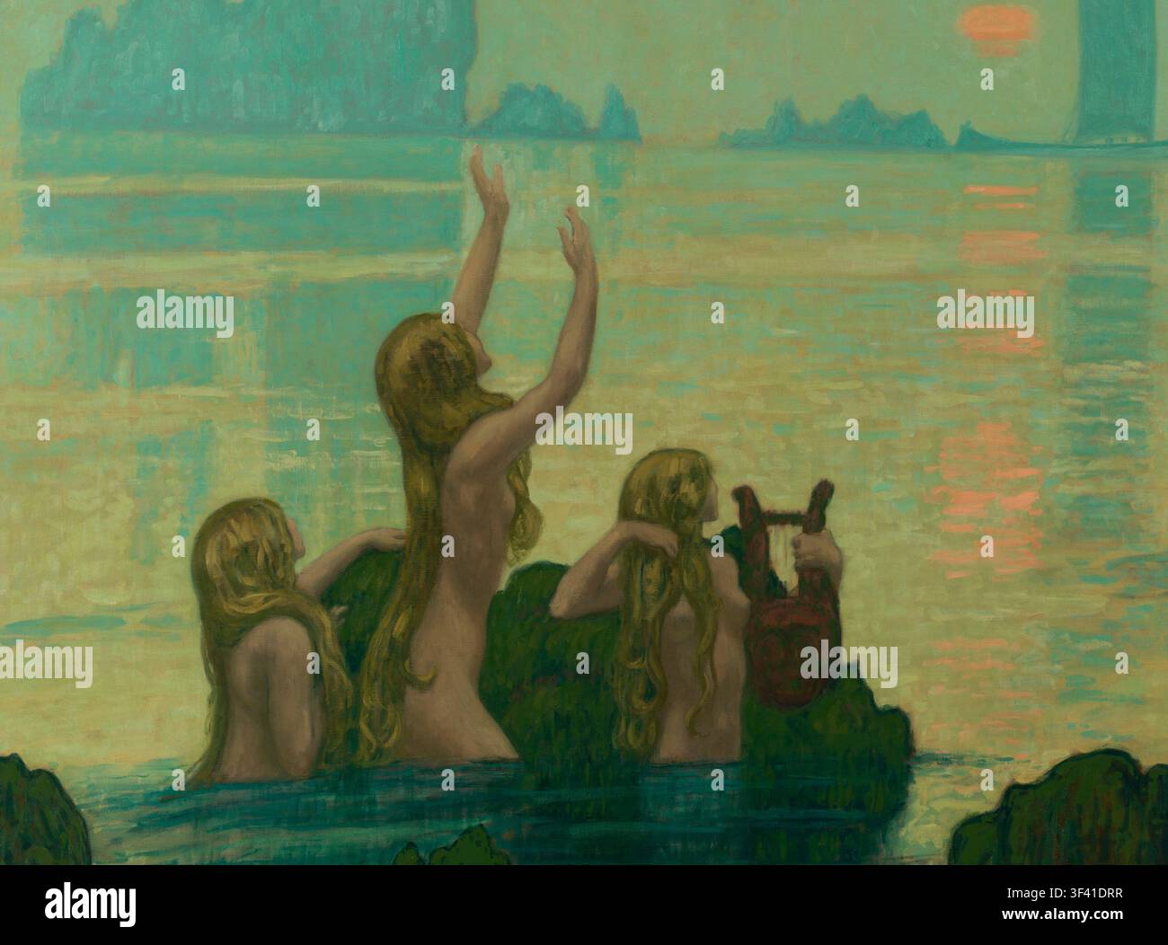 Chants sur l'eau, une peinture de Jean-Francis Auburtin, peintre français, vers 1912, huile sur toile, acquise par le Petit Palais, Musée des Beaux-Arts de la Ville de Paris, au Salon de la Société Nationale des Beaux-Arts de 1912. Banque D'Images