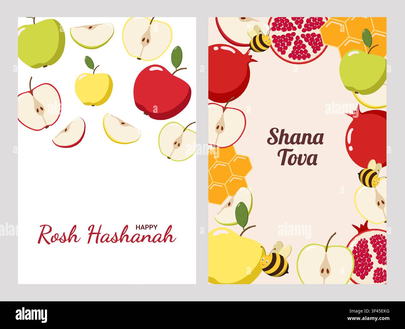Deux cartes de vœux Rosh Hashanah avec des pommes, du miel, des grenades, des abeilles, une plaque de miel Illustration de Vecteur