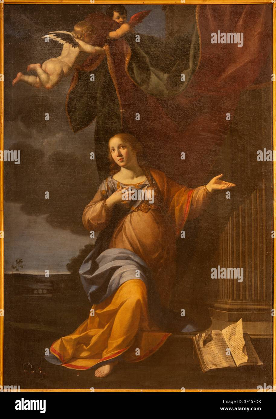 LUCCA, ITALIE - 23 JUIN 2026 : La peinture de Sainte Apollonia dans l'église Basilica di San Frediano par Girolamo Scaglia (1646). Banque D'Images