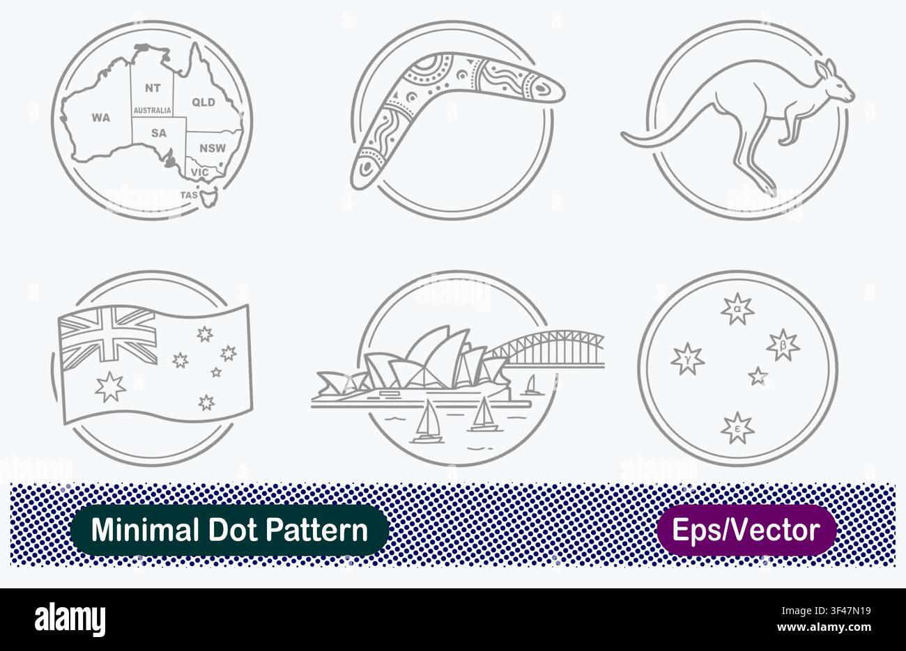 Motif minimal de points de la carte de l'Australie, bumerang aborigène traditionnel, kangourou sautant, drapeau national australien, Sydney Opera House Harbour Bridge Illustration de Vecteur