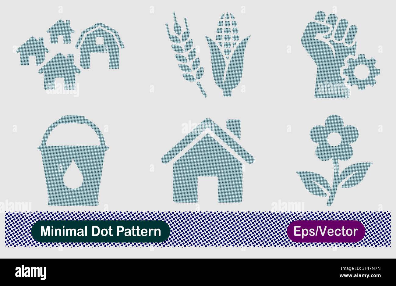 Ensemble d'icônes vectorielles minimalistes à motif de points : maisons de village agricole, récolte de blé et de maïs, poing d'équipement syndical, seau d'eau, maison unique et fleur en fleurs Illustration de Vecteur