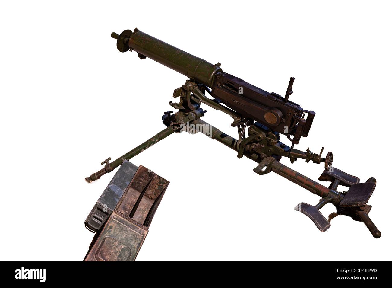 Canon mit mitraillette lourd de style vintage monté sur un support de traîneau isolé sur un fond blanc. Banque D'Images