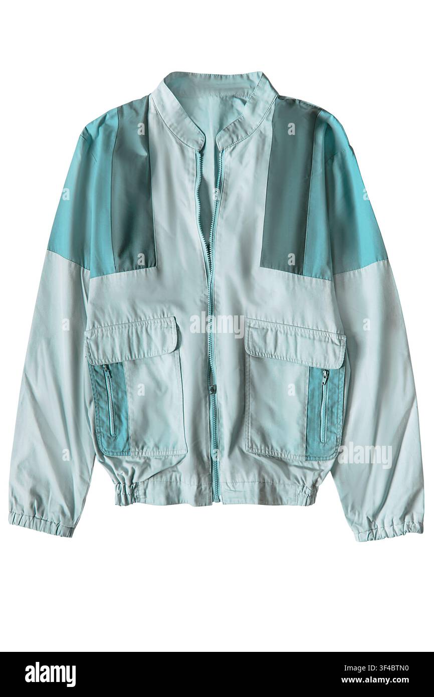 Veste bomber imperméable bleu clair isolée sur fond blanc Banque D'Images
