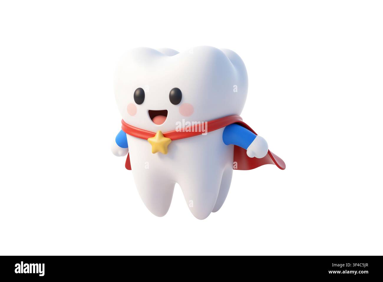 Rendu 3D d'un masque dentaire habillé en superhéros, portant un costume bleu et une cape rouge, dans une pose de vol dynamique. Banque D'Images