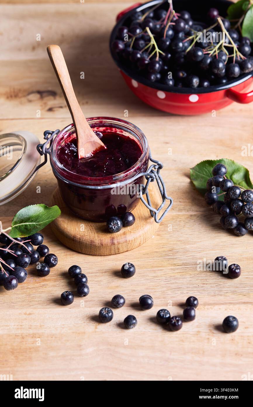 Confiture maison de baies d'aronia dans un pot en verre ouvert avec des baies d'aronia noires fraîches sur une table en bois. Aliments biologiques maison, récolte saisonnière et superaliments Banque D'Images