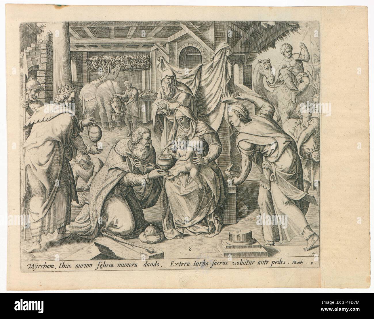 Adoration des Mages, une gravure sur cuivre de la série 'La jeunesse du Christ', conçue par Gerard P. Groenning, gravée par Johann Sadeler et publiée par Gerard de Jode, vers 1574. Banque D'Images