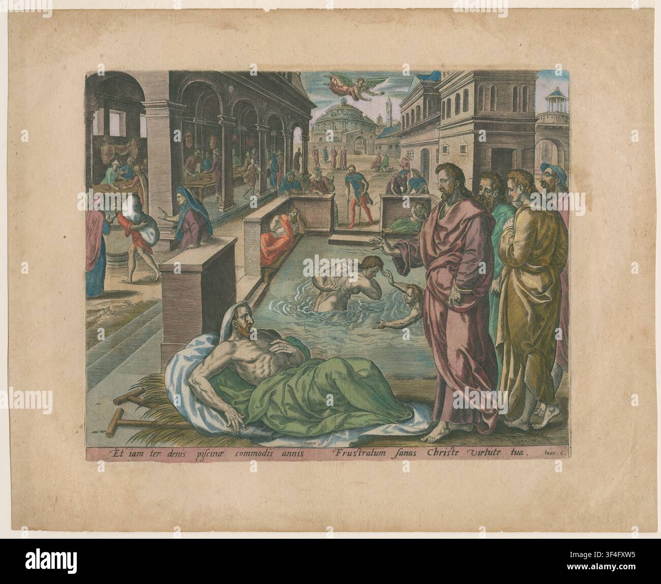 Christus guérit la malade de Béthesda, une gravure du XVIe siècle par Johannes Wierix, conçue par Gerard van Groeningen et publiée par Gerard de Jode, vers 1585, tirée de la série 'De mirakels van Christus' dans 'Thesaurus Sacrarum Historiarum veteris testamenti'. Banque D'Images