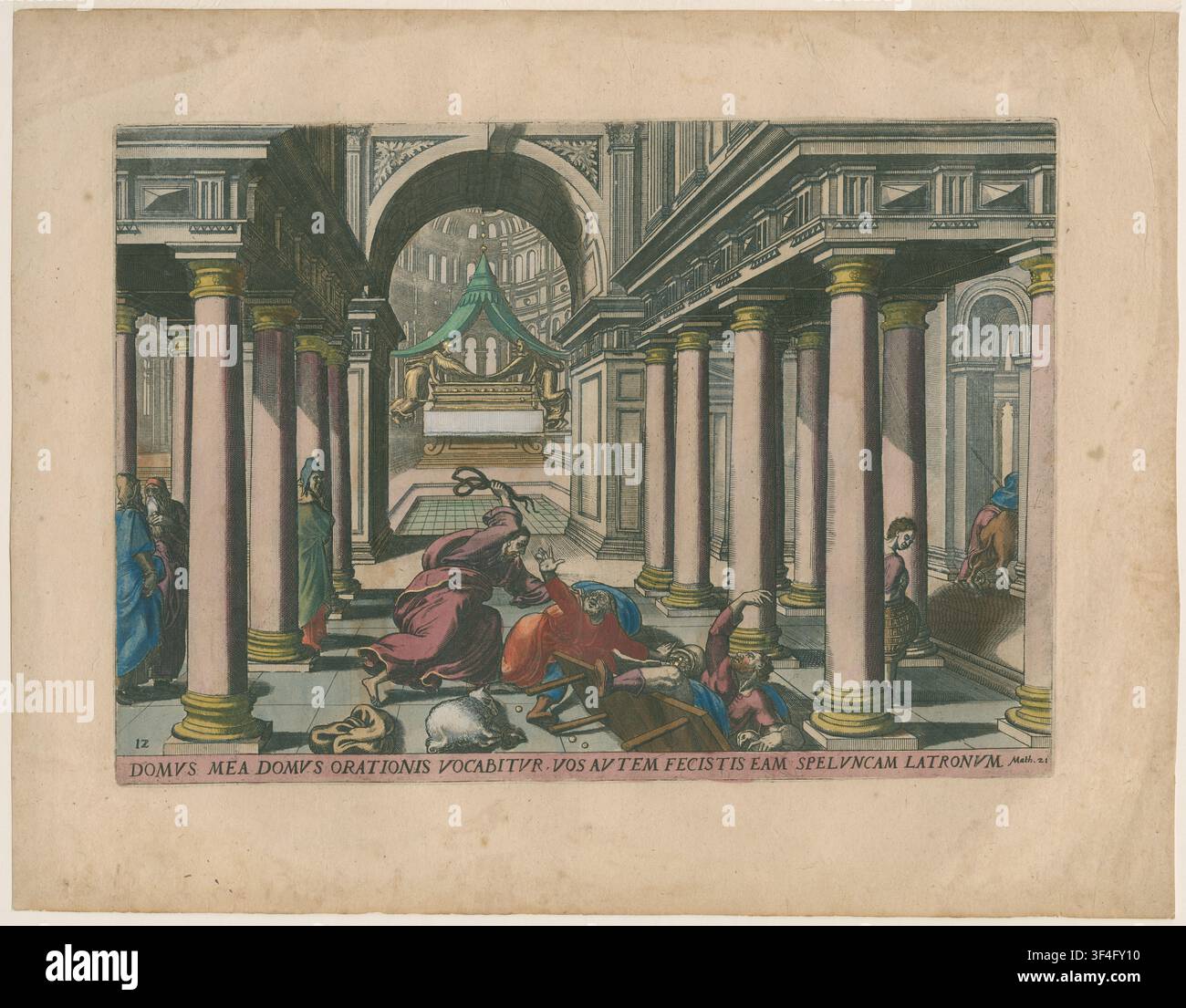 Christus chasse les changeurs de monnaie du temple, une gravure à l’eau-forte de Lucas van Doetecum, conçue par Gerard van Groeningen et publiée par Gerard de Jode, vers 1585, tirée de la série « De gebeurtenissen in en rond de tempel » dans « Thesaurus Sacrarum Historiarum veteris testamenti ». Banque D'Images