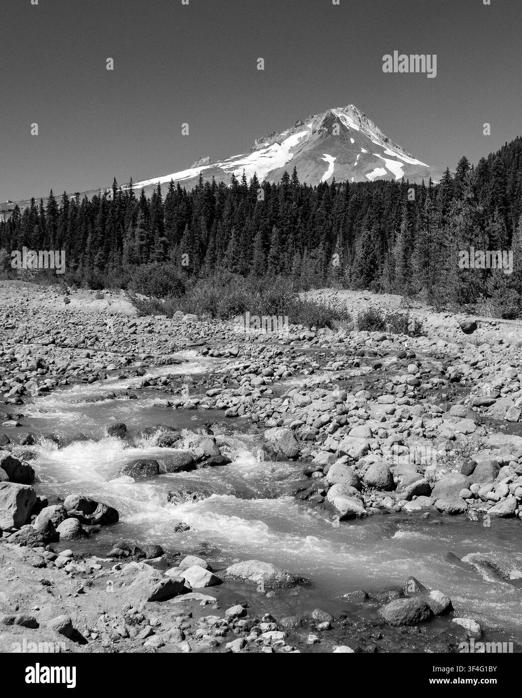 White River coulant sous le mont Hood en noir et blanc. Paysage du mont Hood dominant la rivière rocheuse White River. Banque D'Images