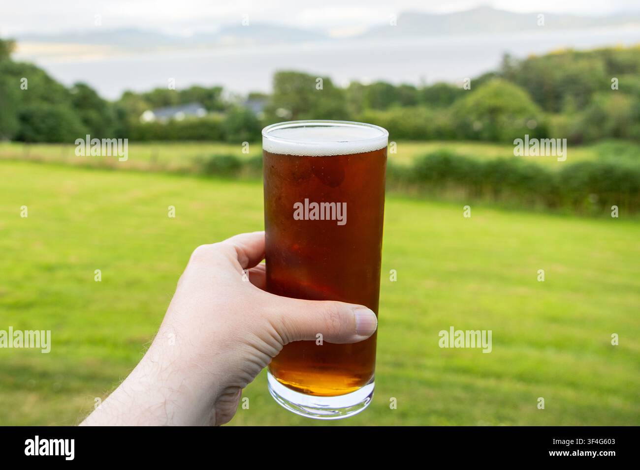 Gros plan d'une main tenant un verre de bière avec un fond de champ vert Banque D'Images
