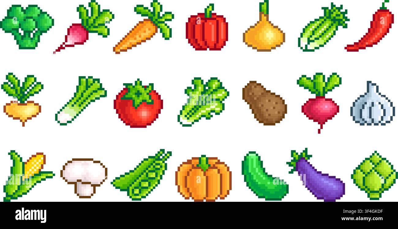 Légumes en pixel art. Légumes frais pixelisés de ferme, agriculture, éléments de jeu d'arcade de ferme 8 bits. Tomate, poivron, oignon, citrouille, pomme de terre, bien rangé Illustration de Vecteur