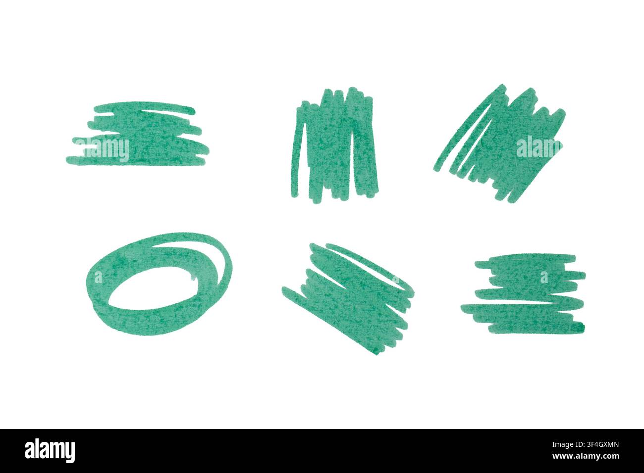 Gribouillis de marqueur vert dessinés à la main et traits de surligneur isolés sur un fond blanc. Banque D'Images