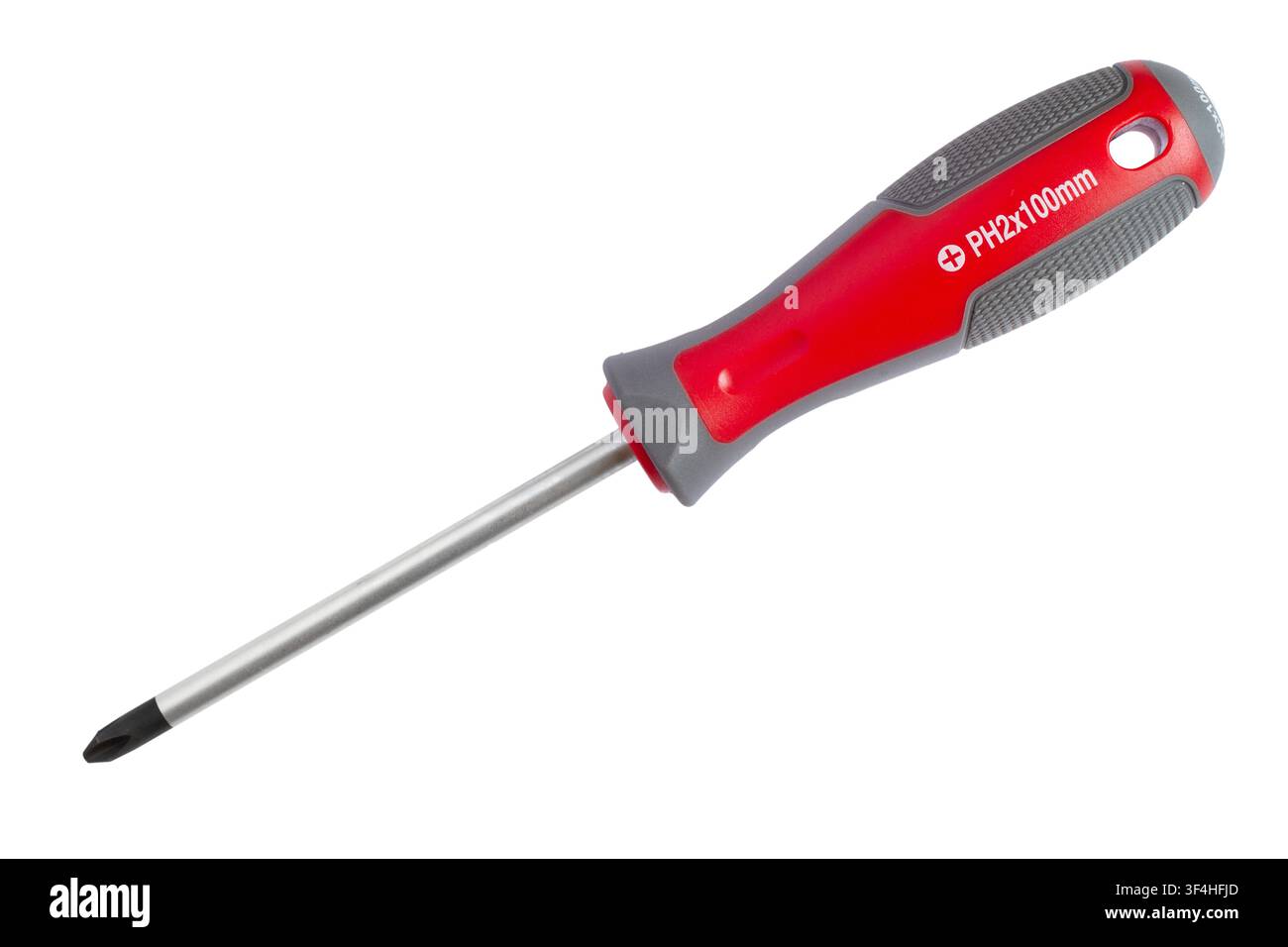 Un tournevis à tête cruciforme rouge isolé sur fond blanc. Gros plan d'un tournevis moderne. Banque D'Images