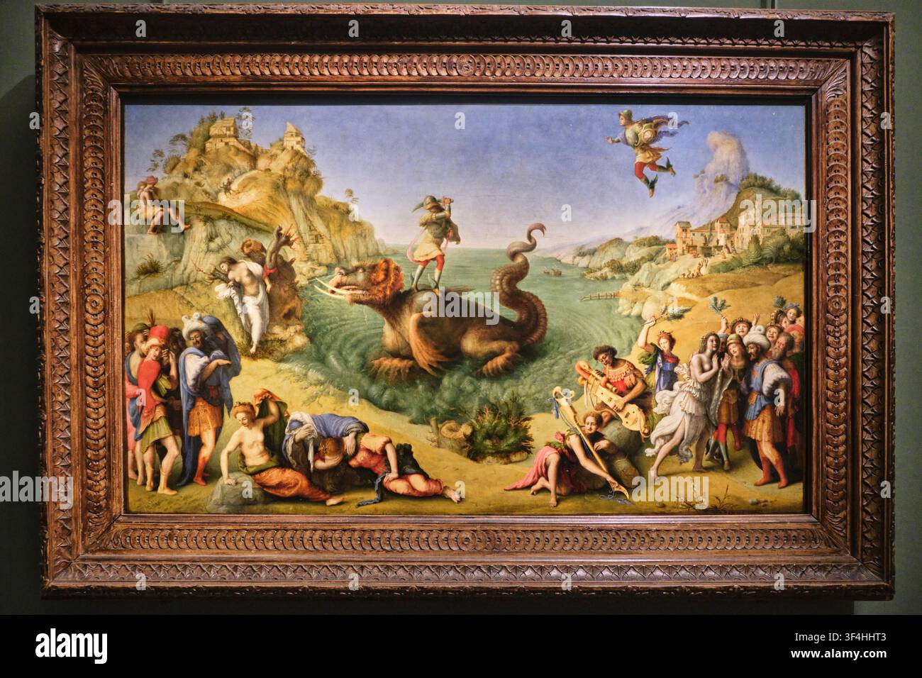 Florence, Italie - Mai 2026 : Vue frontale du chef-d'œuvre de Piero di Cosimo Persée libérant Andromède dans la galerie des Offices Banque D'Images