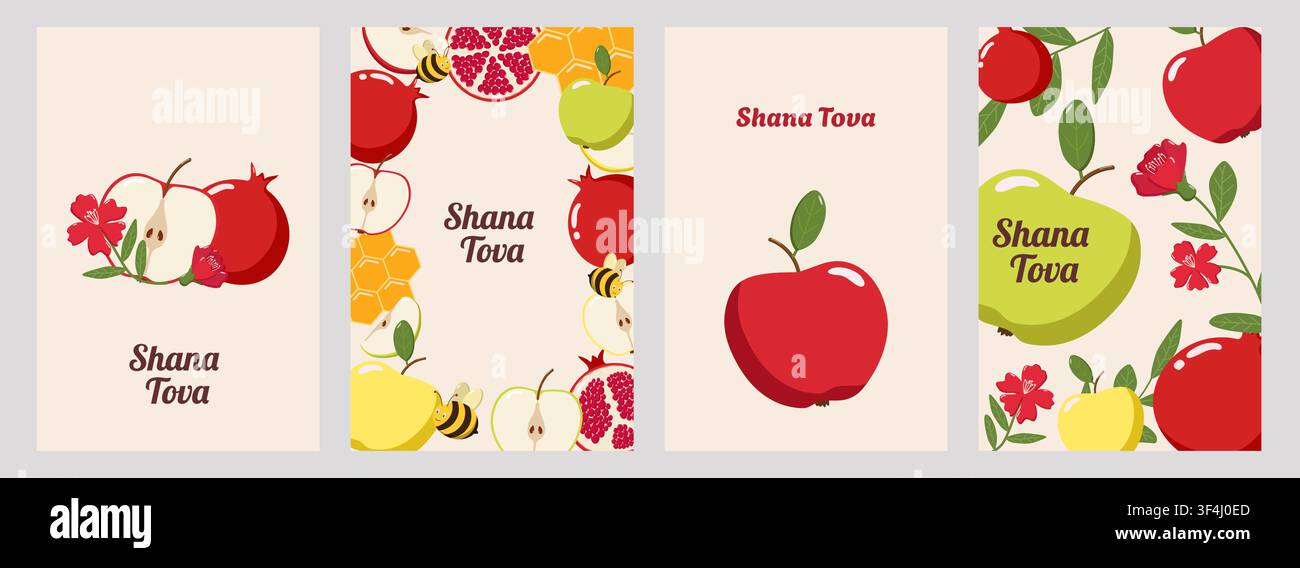 Quatre cartes de vœux Rosh Hashanah avec des pommes, des grenades, des rayons de miel, des abeilles et des fleurs dans des designs festifs et colorés Illustration de Vecteur
