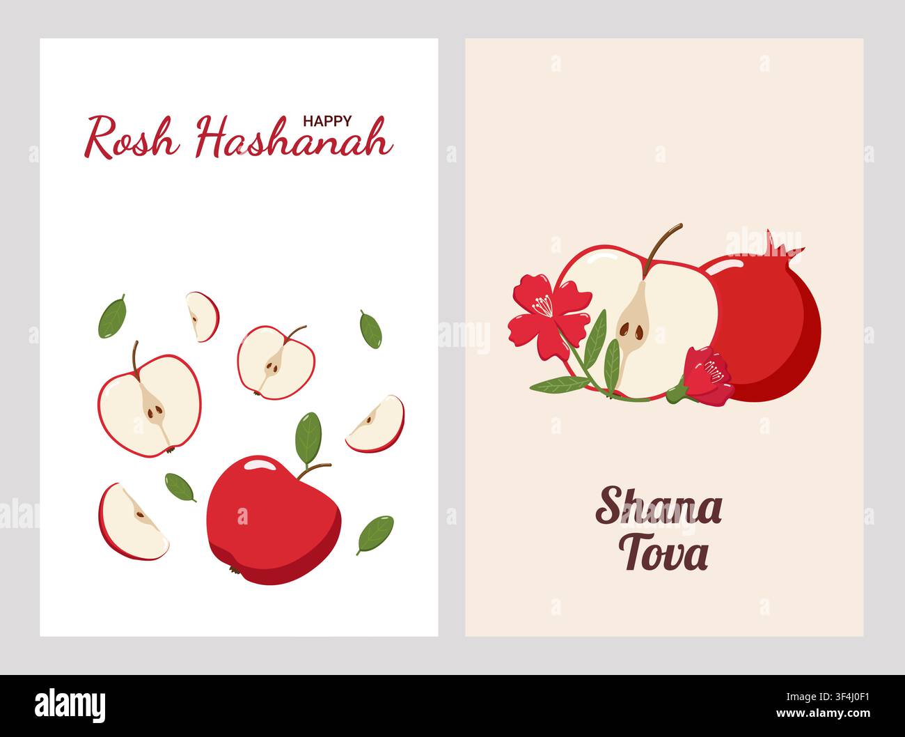 Deux cartes de vœux Rosh Hashanah avec des pommes, des grenades, des rayons de miel, des abeilles et des fleurs, arborant l'inscription Happy Rosh Hashanah Illustration de Vecteur