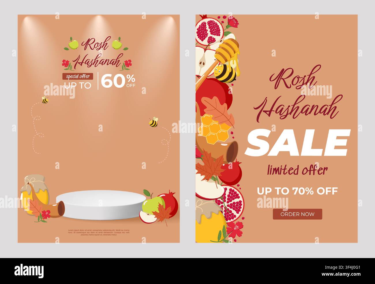 Deux affiches de solde Rosh Hashanah avec des pommes, des pots de miel, des grenades, des abeilles, des rayons de miel et des feuilles d'automne sur un fond brun chaud Illustration de Vecteur