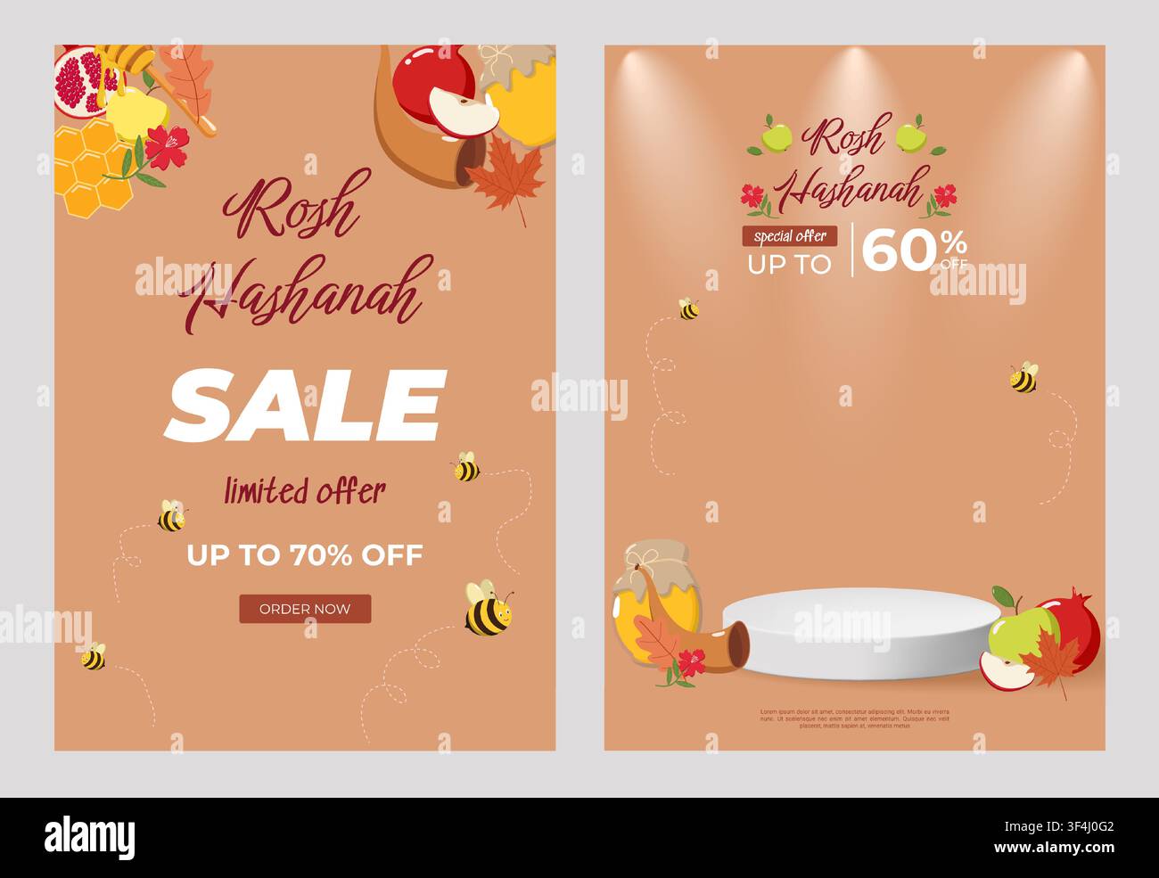 Deux affiches de soldes Rosh Hashanah avec des pommes, des pots de miel, des grenades, des abeilles, des rayons de miel et des feuilles d'automne sur un fond orange-brun chaud Illustration de Vecteur
