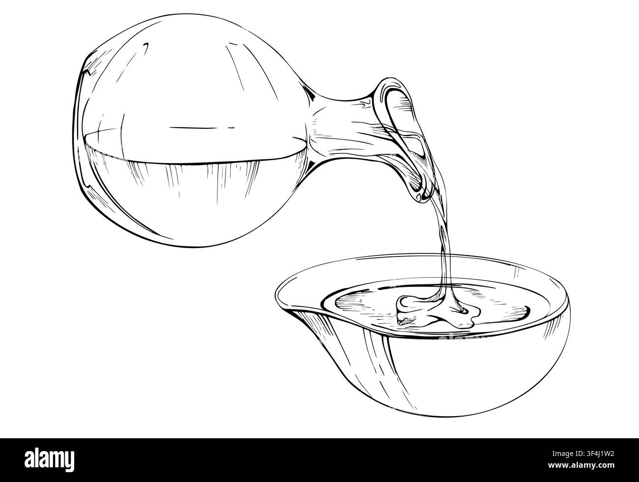 Huile, vinaigre, vin ou eau, liquide coulant de la carafe en verre à la tasse à bec. Illustration dessinée à la main au crayon. Campagnes de la ferme à la table, cadeau gourmand Illustration de Vecteur