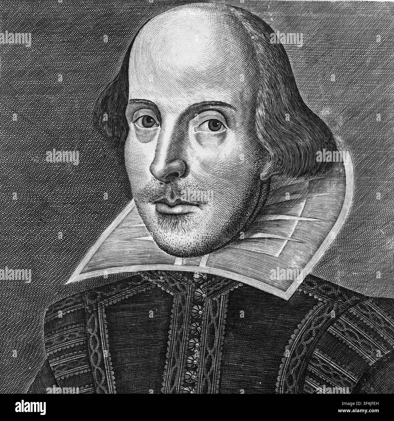 Portrait de William Shakespeare par Droeshout Gravure vintage du dramaturge et poète anglais Banque D'Images