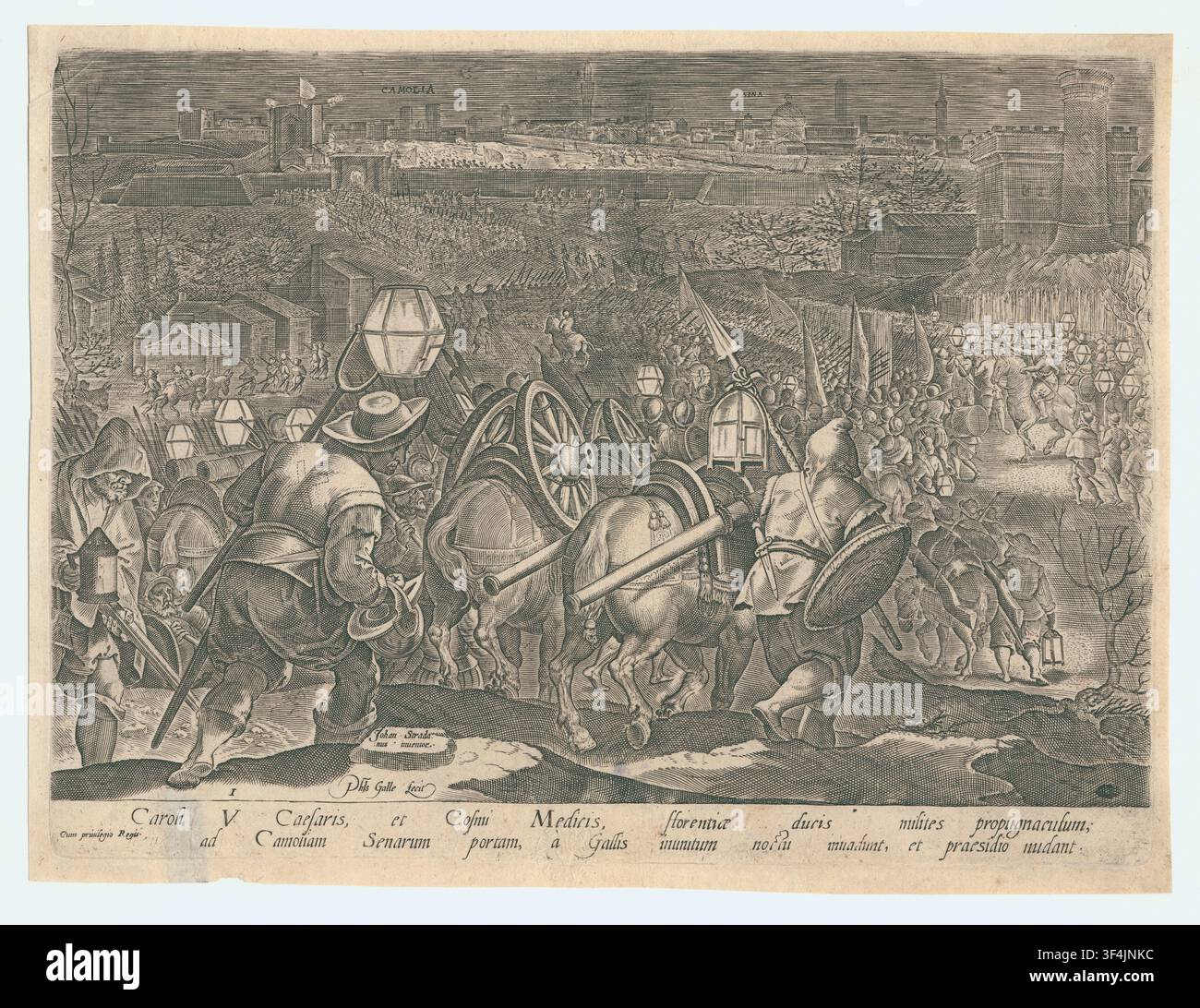 Le siège de Camolia, une gravure de 1577 par Philips Galle, d'après un dessin de Jan van der Straet, de la série 'D. Caroli V. Caesaris et Illlustriss. Cosmae Medices Florentine Ducis Res ad Senas anno 1553/1554'. Banque D'Images