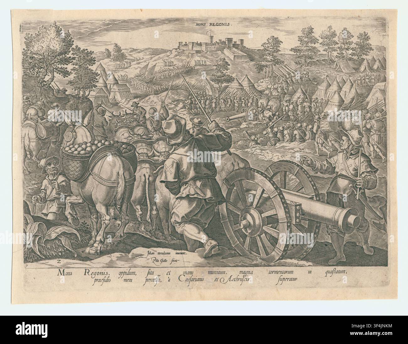 Le siège de Mons Regonis, une gravure sur cuivre de 1577 par Philips Galle, d'après un dessin de Jan van der Straet, de la série 'D. Caroli V. Caesaris et Illlustriss. Cosmae Medices Florentine Ducis Res ad Senas anno 1553/1554'. Banque D'Images