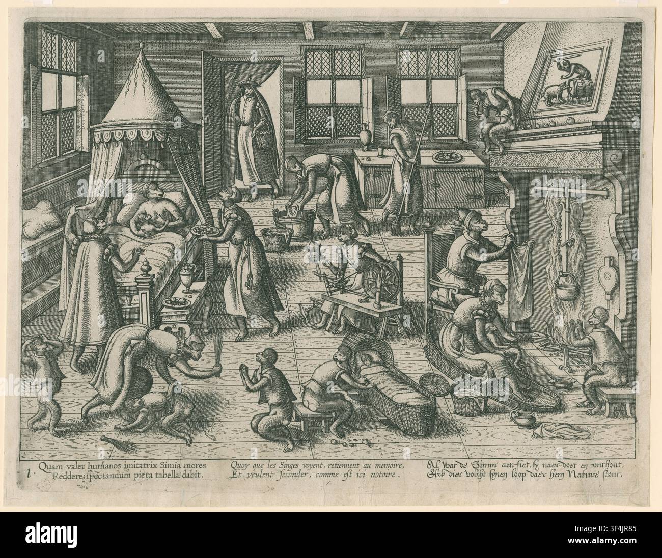 La chambre d'enfant, une gravure de Pieter van der Borcht, un graveur flamand, de la série Het Simmenspel, présentant des singes dans diverses situations humaines, créée au XVIe siècle. Banque D'Images