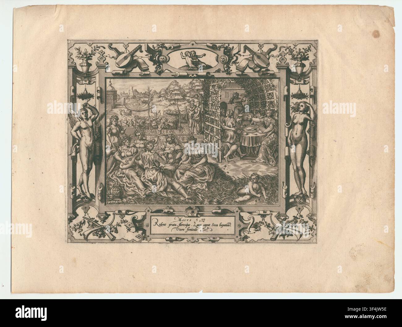 Le mois de mai, une estampe du XVIe siècle de la série 'Les douze mois', gravée par les frères Doetecum et publiée par Gerard de Jode, un cartographe et éditeur flamand. Banque D'Images