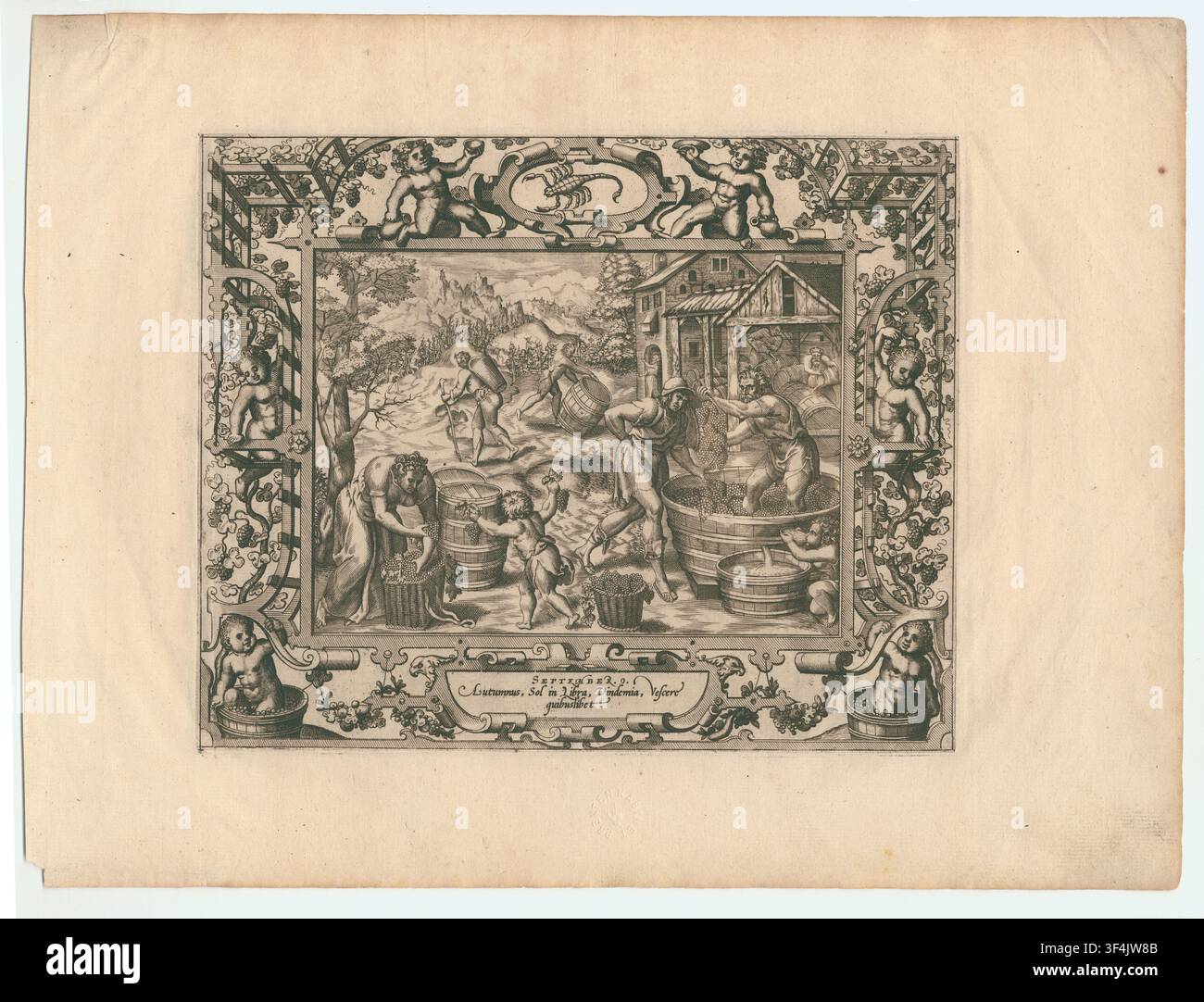 Le mois de septembre, une gravure du XVIe siècle de la série 'De twaalf maanden', gravée par les frères Doetecum et publiée par Gerard de Jode, un éditeur et cartographe flamand. Banque D'Images