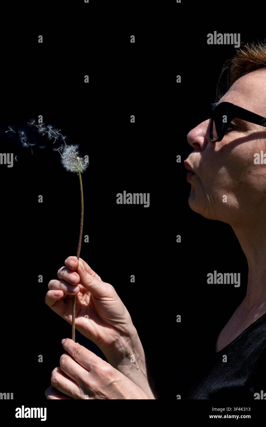 Femme souffle les spores de pissenlit dans l'air avec sa bouche, sur fond noir Banque D'Images