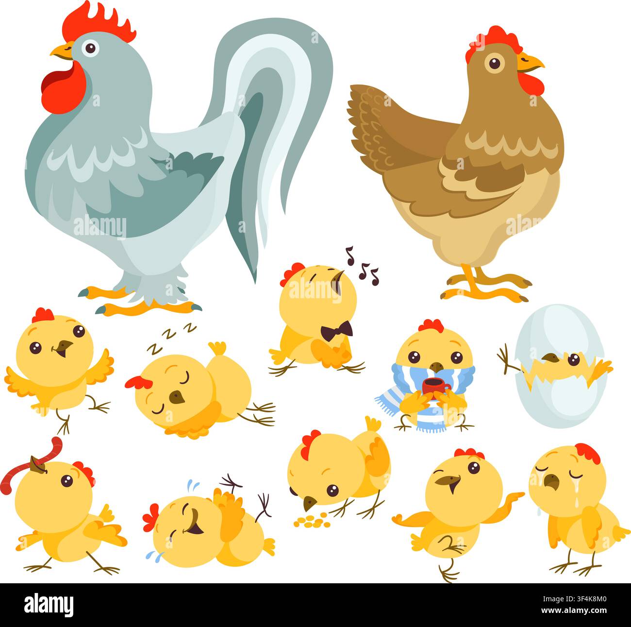 Jolits poulets de dessin animé. Coqs et poules. Petits poussins jaunes. Personnage de Pâques éclosant d'un œuf. Mascotte affichant diverses émotions. Domestique heureux Illustration de Vecteur