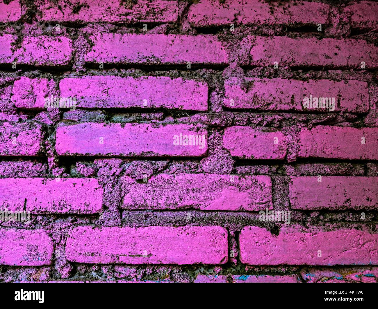 Grossissement d'un mur de briques rustique peint dans des tons magenta et rose vifs, avec des joints de mortier rugueux et des textures de maçonnerie patinées. - Image de stock capturée avec un smartphone