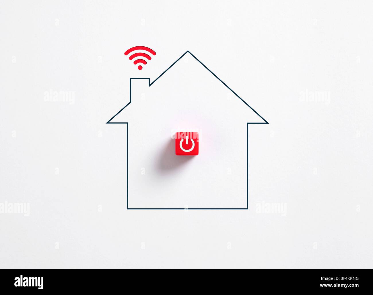 Imagerie conceptuelle minimaliste de l'automatisation de la maison intelligente et de l'Internet des objets montrant un contour de maison avec un bouton d'alimentation rouge et un signal WIFI sur un fond blanc Banque D'Images