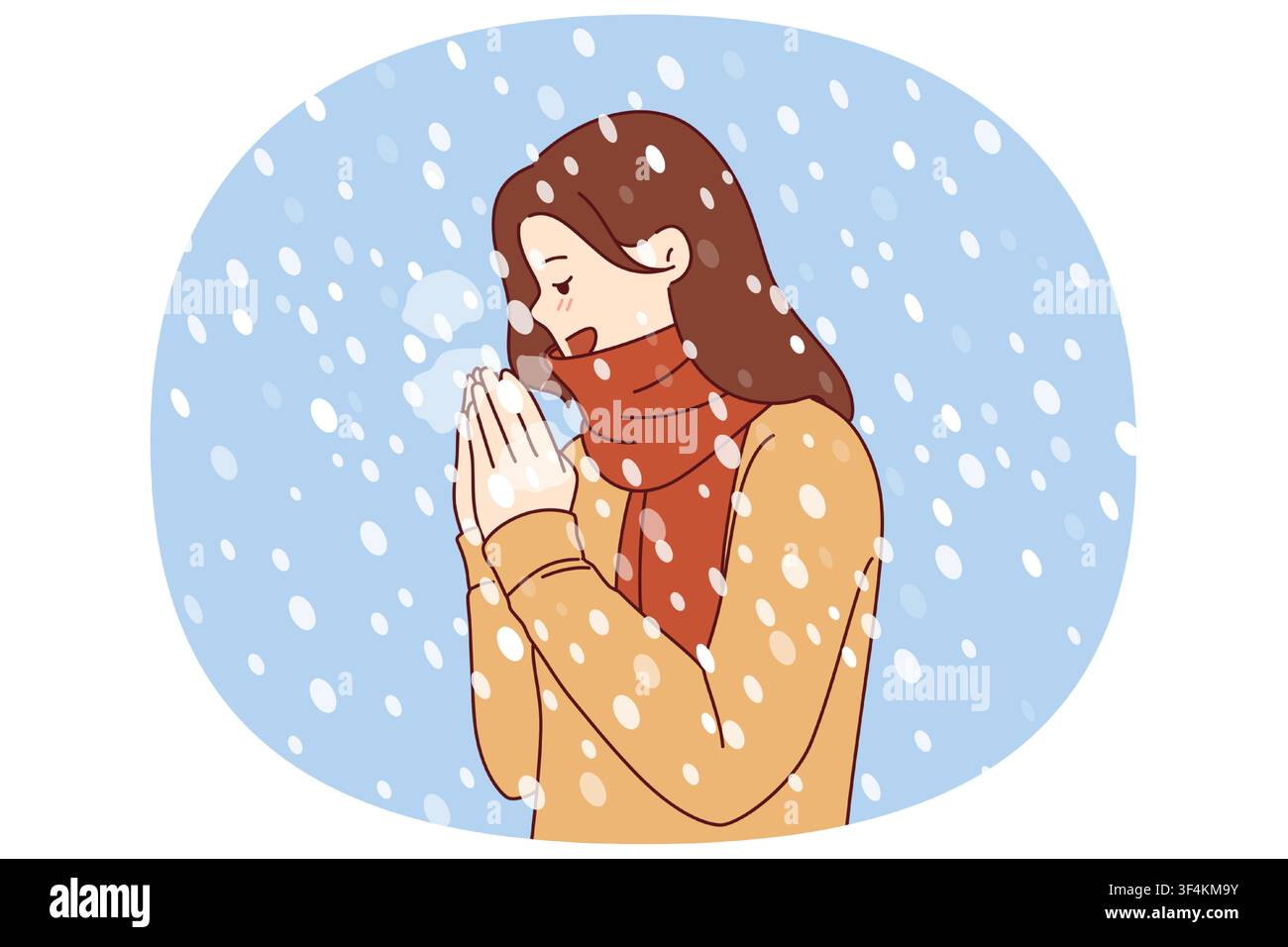 Femme aime le temps d'hiver, se tient sous les flocons de neige tombant dans le pull et l'écharpe. Positive Girl se réjouit au début de l'hiver et à l'approche des vacances de noël, soufflant sur les mains pour se tenir au chaud Illustration de Vecteur