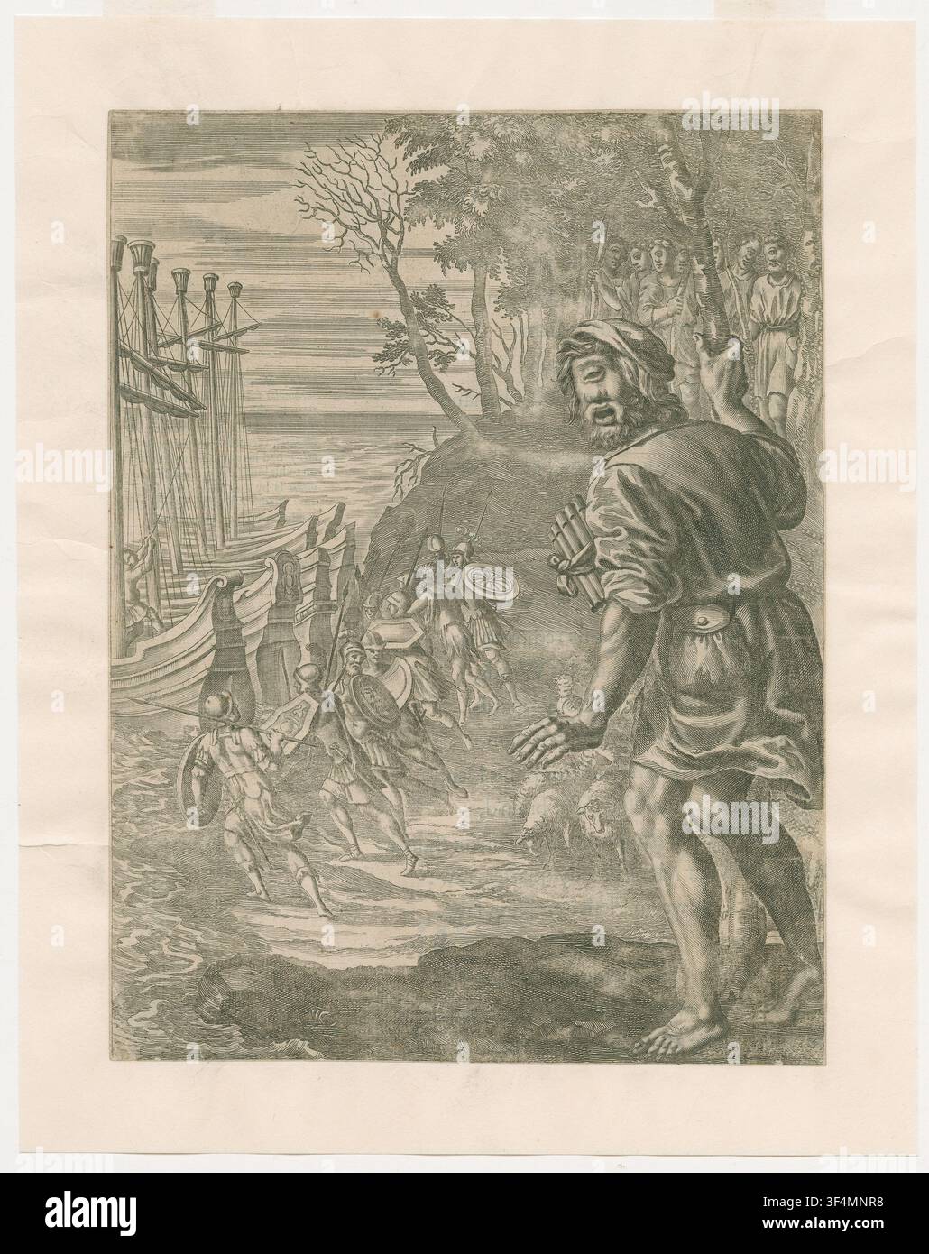 Odysseus fuyant Polyphemus, le cyclope géant, une gravure de Wenzel Hollar, un graveur bohémien, de 1627-1677. Banque D'Images