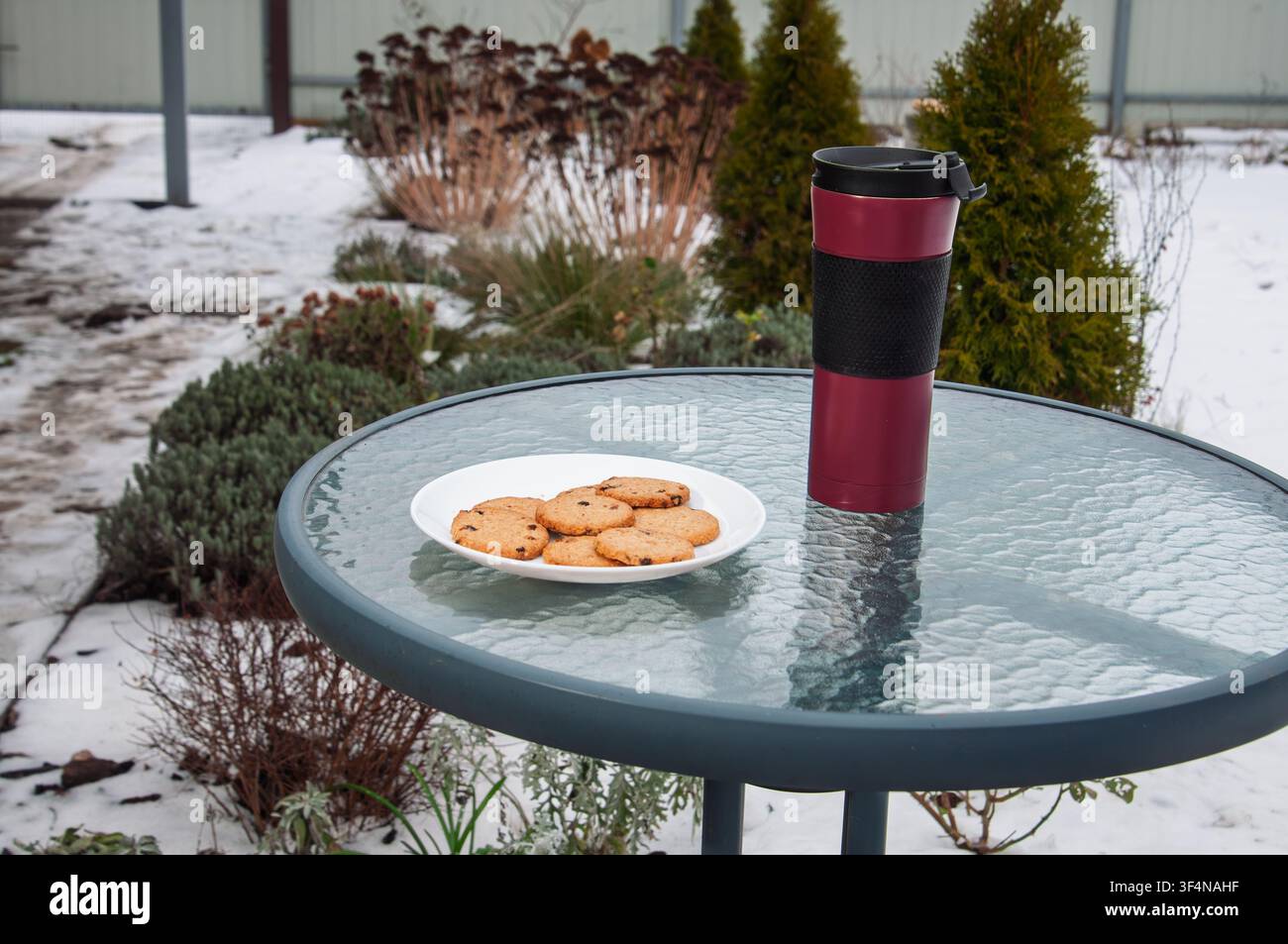 Savourant des cookies chauds et du café en plein air par une journée d'hiver glaciale avec de la neige au sol Banque D'Images