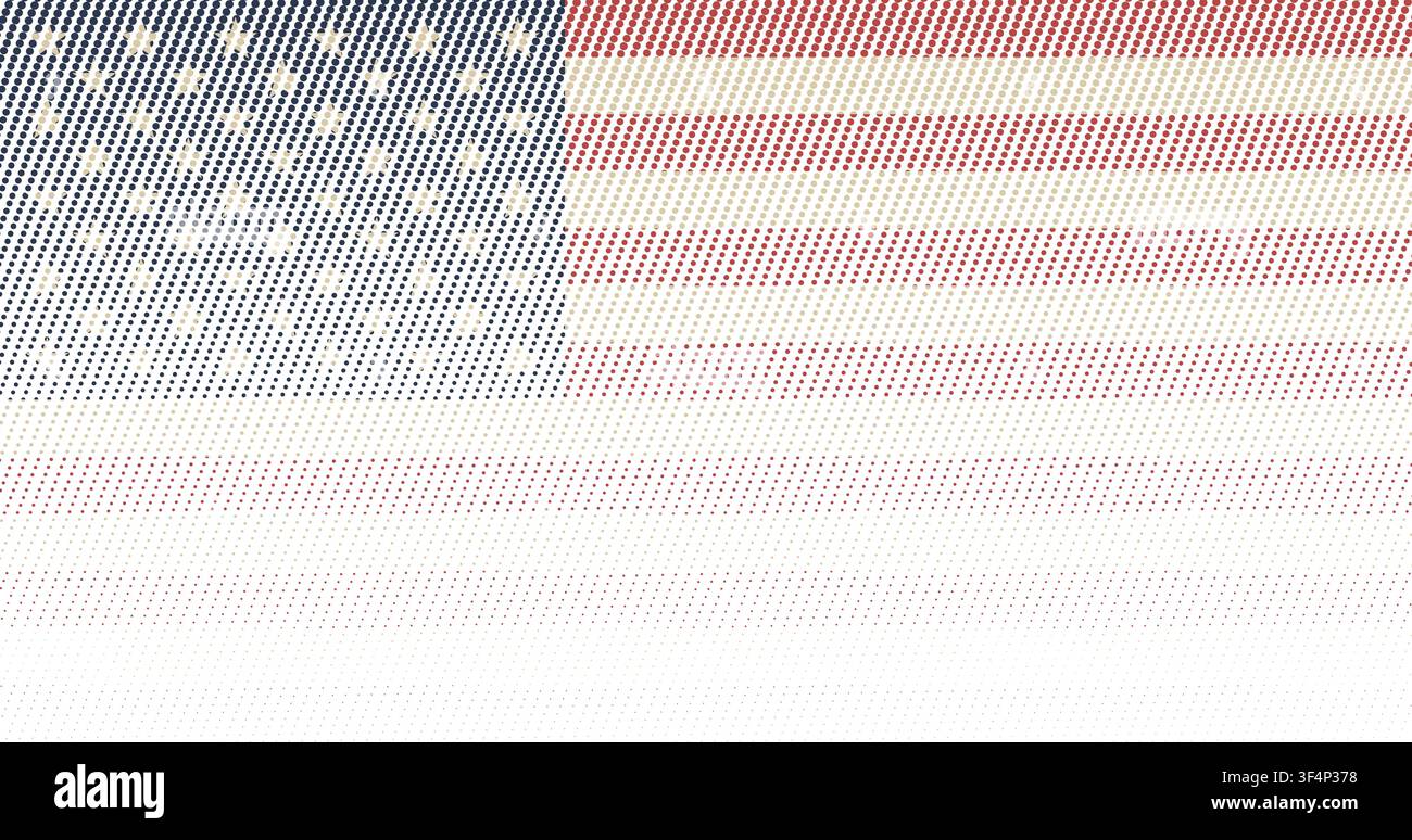 Vecteur plat du drapeau américain se dissolvant en points de trame de haut en bas, fond patriotique vintage disparaissant pour des designs créatifs des États-Unis. Illustration de Vecteur