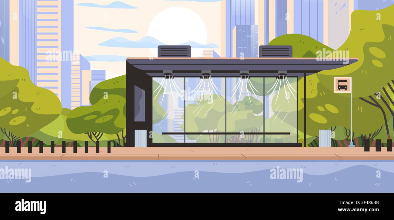 Canicule Europe arrêt de bus rafraîchissant adaptation climatique urbaine abri moderne en verre système de brumisation paysage urbain arbres verts soleil d'été Illustration de Vecteur