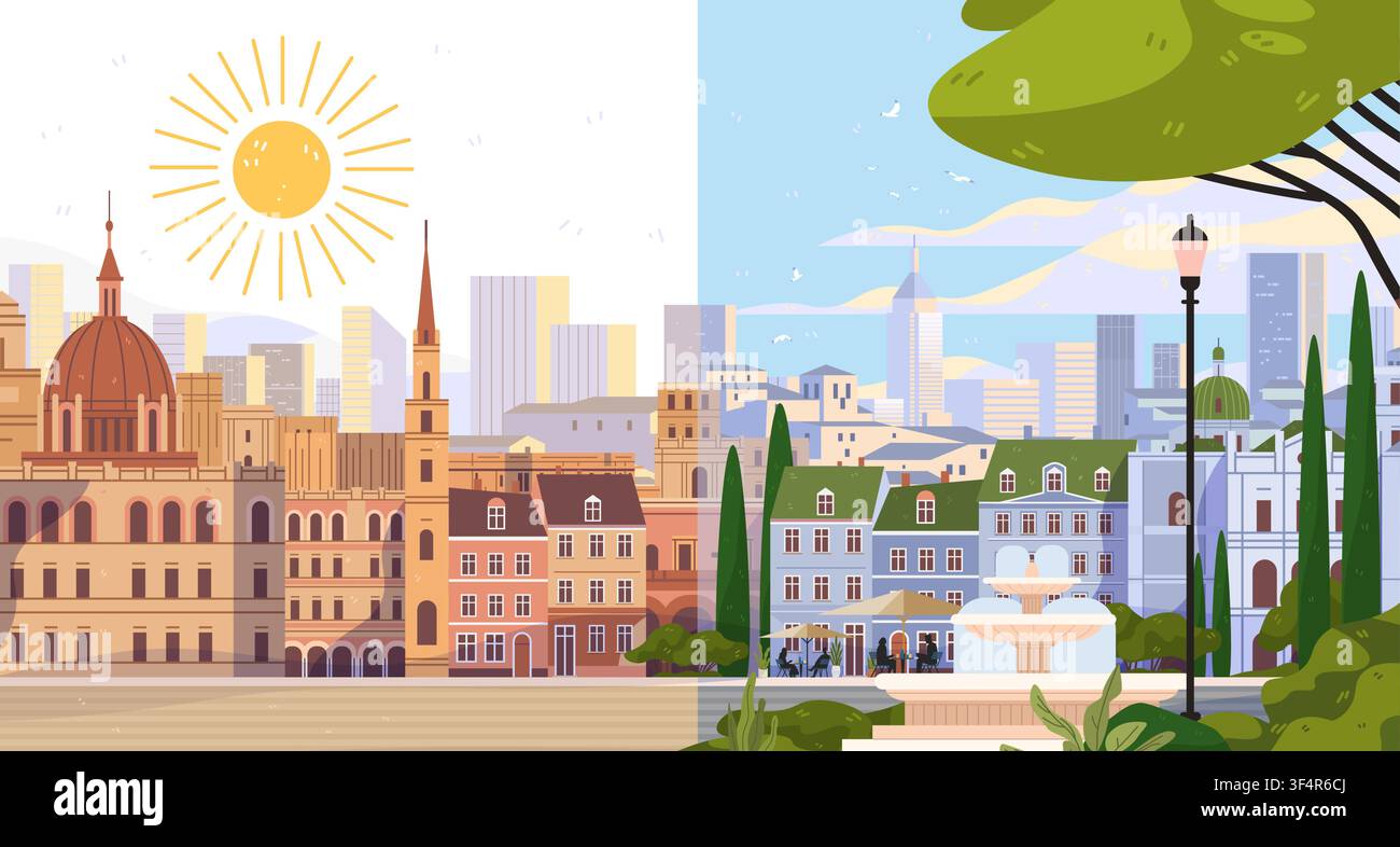 Canicule en Europe et adaptation climatique avant et après une vue de ville divisée montrant des bâtiments bruns secs sous un soleil extrême contre des arbres de parc urbain verts et une fontaine Illustration de Vecteur