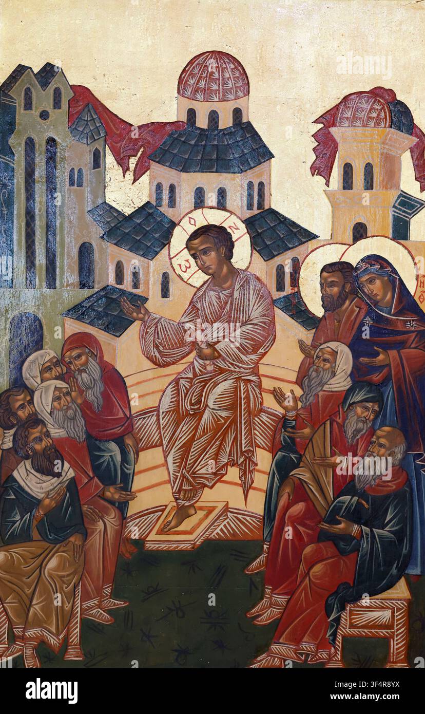 Icône. Jésus enseigne dans le Temple de Jérusalem, entouré de ses disciples, Marie et Joseph. Banque D'Images